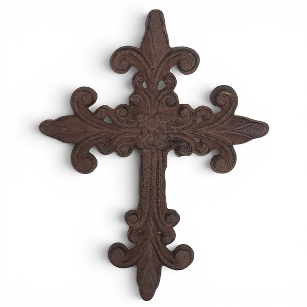 Cast Iron Brown Rusted Metal Fleur‎ de Lis Christian Cross Rustic Wall Art